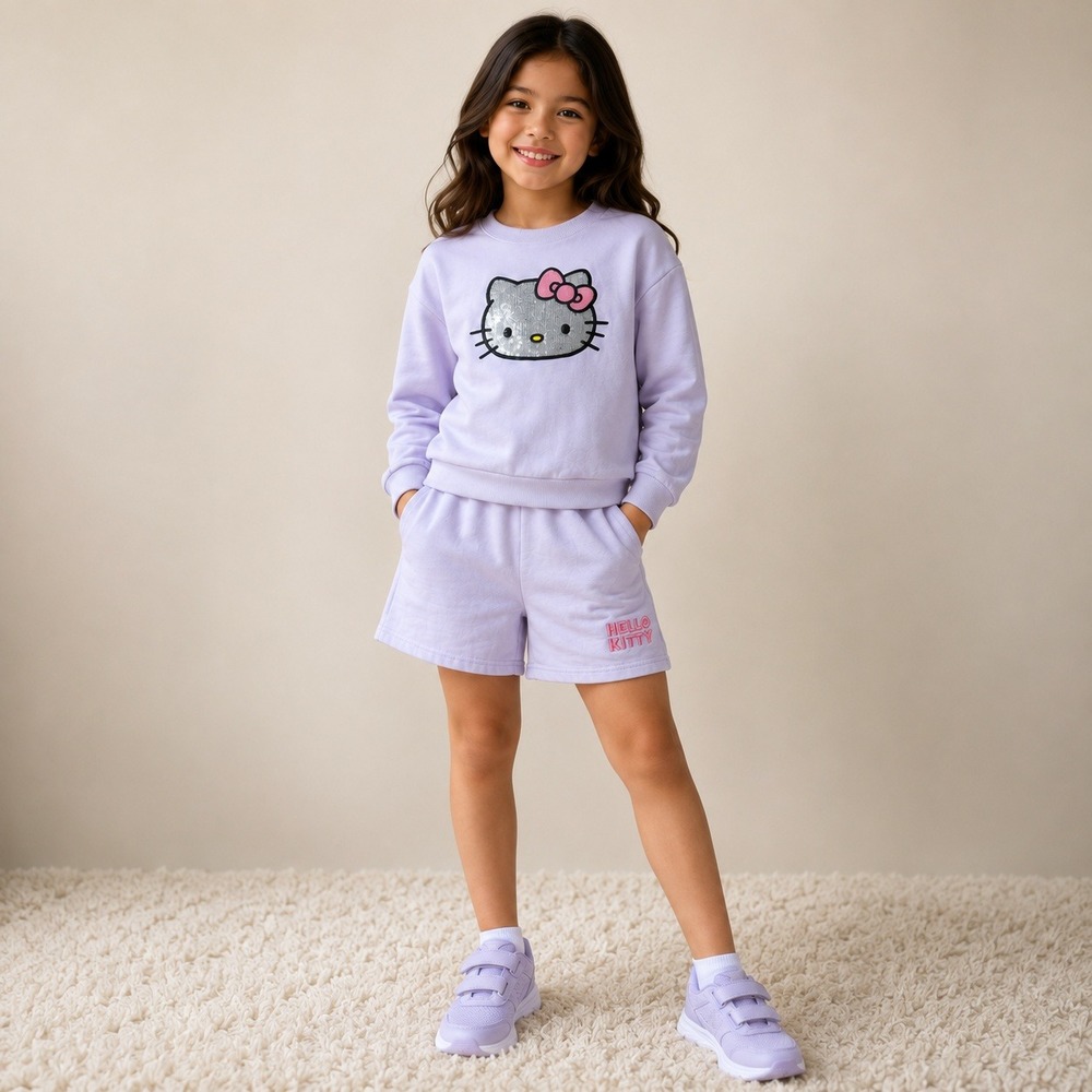 Hello Kitty Sweatshirt Shorts Set Girls Size 10 Purple Sequin Lounge